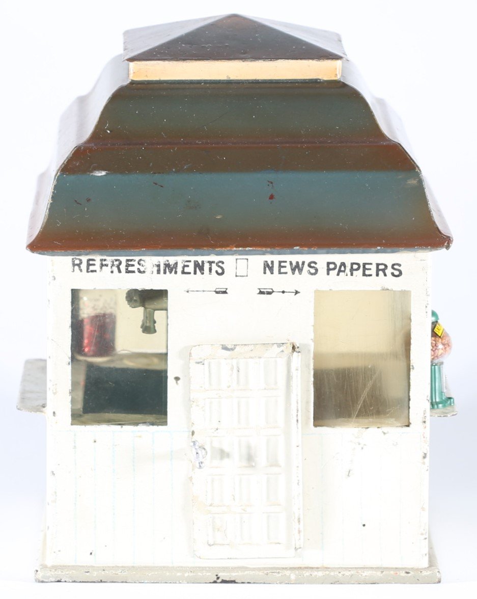 kallistoys auctions auktionen-antique vintage toys-antik historisch spielzeug-märklin-germany-tinplate-blech-railway accessory-eisenbahnzubehör-newsstand-bahnhofskiosk-2619g-1e