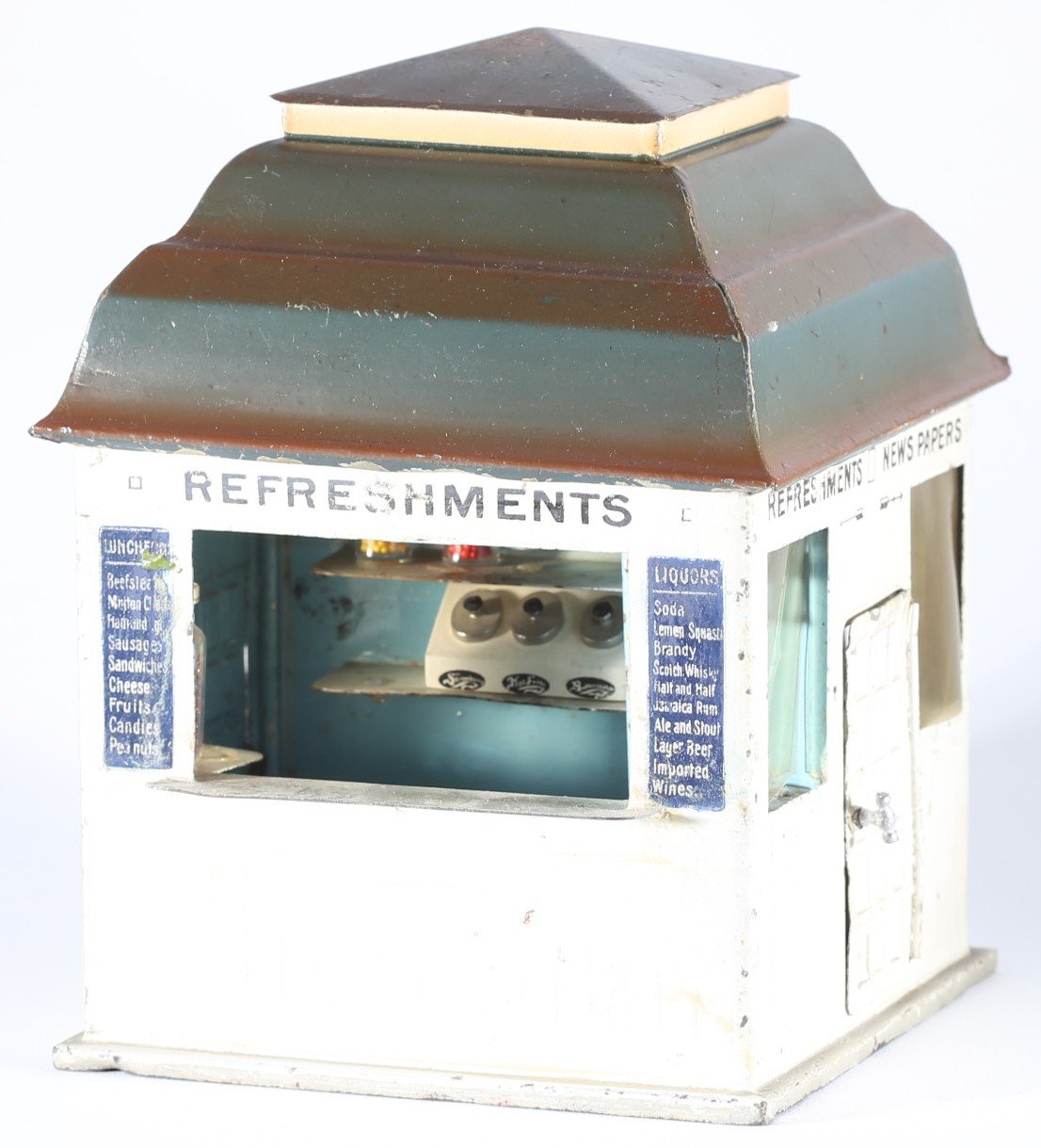 kallistoys auctions auktionen-antique vintage toys-antik historisch spielzeug-märklin-germany-tinplate-blech-railway accessory-eisenbahnzubehör-newsstand-bahnhofskiosk-2619g-1f