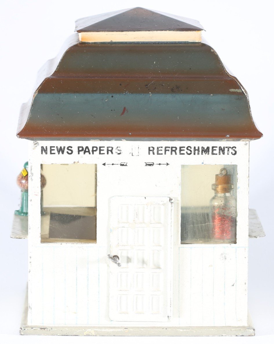 kallistoys auctions auktionen-antique vintage toys-antik historisch spielzeug-märklin-germany-tinplate-blech-railway accessory-eisenbahnzubehör-newsstand-bahnhofskiosk-2619g-1i